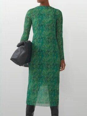 & Other Stories Green Long-Sleeve Printed Midi Dress EUR M